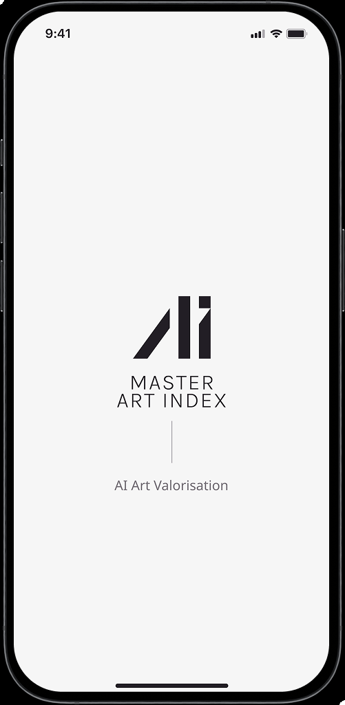 Master Art Index app splash screen with the AI Art Valorisation tagline